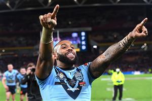 BRISBANE, AUSTRALIA - JUNE 27: Josh Addo-Carr of the Blues celebrates winning game two of the 2021 State of Origin series between the Queensland Maroons and the New South Wales Blues at Suncorp Stadium on June 27, 2021 in Brisbane, Australia. (Photo by Bradley Kanaris/Getty Images)