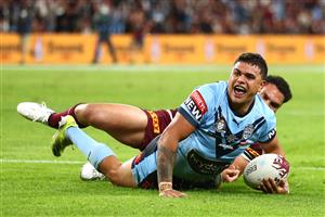 BRISBANE, AUSTRALIA - JUNE 27: Latrell Mitchell of the Blues celebrates after scoring a try during game two of the 2021 State of Origin series between the Queensland Maroons and the New South Wales Blues at Suncorp Stadium on June 27, 2021 in Brisbane, Australia. (Photo by Chris Hyde/Getty Images)