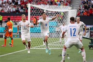 BUDAPEST, HUNGARY - JUNE 27: Patrik Schick of Czech Republic celebrates after scoring their side's second goal during the UEFA Euro 2020 Championship Round of 16 match between Netherlands and Czech Republic at Puskas Arena on June 27, 2021 in Budapest, Hungary. (Getty Images)