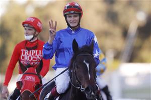 SYDNEY, AUSTRALIA - JUNE 26: Regan Bayliss on Mirra Vision returns to scale after winning race 8 the ACY Securities Handicap during Sydney Racing at Rosehill Gardens on June 26, 2021 in Sydney, Australia. (Photo by Mark Evans/Getty Images)