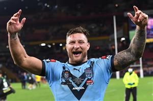 BRISBANE, AUSTRALIA - JUNE 27: Tariq Sims of the Blues celebrates winning game two of the 2021 State of Origin series between the Queensland Maroons and the New South Wales Blues at Suncorp Stadium on June 27, 2021 in Brisbane, Australia. (Photo by Bradley Kanaris/Getty Images)