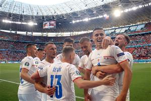 BUDAPEST, HUNGARY - JUNE 27: Tomas Holes of Czech Republic celebrates with team mates after scoring their side's first goal during the UEFA Euro 2020 Championship Round of 16 match between Netherlands and Czech Republic at Puskas Arena on June 27, 2021 in Budapest, Hungary. (Getty Images)