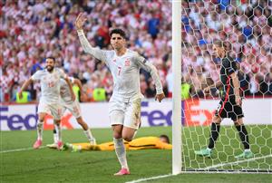 COPENHAGEN, DENMARK - JUNE 28: Alvaro Morata of Spain celebrates after scoring their side's fourth goal during the UEFA Euro 2020 Championship Round of 16 match between Croatia and Spain at Parken Stadium on June 28, 2021 in Copenhagen, Denmark. (Getty Images)