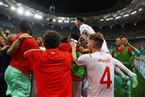 Switzerland's players celebrate their win in the UEFA EURO 2020 round of 16 football match between France and Switzerland at the National Arena in Bucharest on June 28, 2021. (Getty Images)