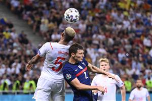 Switzerland's defender Manuel Akanji (L) heads the ball ahead of France's defender Benjamin Pavard during the UEFA EURO 2020 round of 16 football match between France and Switzerland at the National Arena in Bucharest on June 28, 2021. (Getty Images)