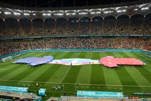 BUCHAREST, ROMANIA - JUNE 28: A general view inside the stadium as large replica flags of both side's are seen prior to the UEFA Euro 2020 Championship Round of 16 match between France and Switzerland at National Arena on June 28, 2021 in Bucharest, Romania. (Getty Images)