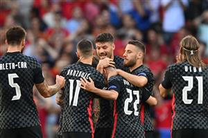Croatia's players celebrate after Spain scored an own goal during the UEFA EURO 2020 round of 16 football match between Croatia and Spain at the Parken Stadium in Copenhagen on June 28, 2021. (Getty Images)
