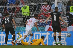 TOPSHOT - Spain's midfielder Pablo Sarabia celebrates after scoring Spain's first goal during the UEFA EURO 2020 round of 16 football match between Croatia and Spain at the Parken Stadium in Copenhagen on June 28, 2021. (Getty Images)
