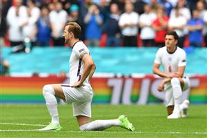 England's forward Harry Kane takes a knee during the UEFA EURO 2020 round of 16 football match between England and Germany at Wembley Stadium in London on June 29, 2021. (Getty Images)