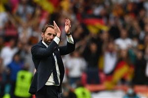 England's coach Gareth Southgate greets the fans after their win in the UEFA EURO 2020 round of 16 football match between England and Germany at Wembley Stadium in London on June 29, 2021. (Getty Images)