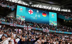 LONDON, ENGLAND - JUNE 29: A general view of the LED screen showing the full time result following the UEFA Euro 2020 Championship Round of 16 match between England and Germany at Wembley Stadium on June 29, 2021 in London, England. (Getty Images)