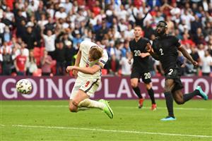 England's forward Harry Kane scores the second goal during the UEFA EURO 2020 round of 16 football match between England and Germany at Wembley Stadium in London on June 29, 2021. (Getty Images)