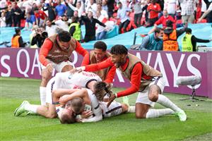 LONDON, ENGLAND - JUNE 29: Harry Kane of England celebrates with team mates after scoring their side's second goal during the UEFA Euro 2020 Championship Round of 16 match between England and Germany at Wembley Stadium on June 29, 2021 in London, England. (Getty Images)