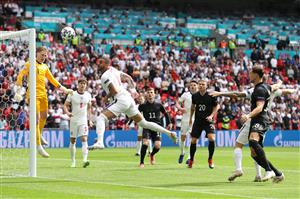 LONDON, ENGLAND - JUNE 29: Kyle Walker of England heads clear during the UEFA Euro 2020 Championship Round of 16 match between England and Germany at Wembley Stadium on June 29, 2021 in London, England. (Getty Images)