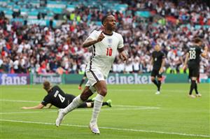 LONDON, ENGLAND - JUNE 29: Raheem Sterling of England celebrates after scoring their side's first goal during the UEFA Euro 2020 Championship Round of 16 match between England and Germany at Wembley Stadium on June 29, 2021 in London, England. (Getty Images)