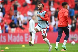 England striker Raheem Sterling warms up before the game against Germany. (Getty Images)