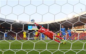 GLASGOW, SCOTLAND - JUNE 29: Georgiy Bushchan of Ukraine makes a save during the UEFA Euro 2020 Championship Round of 16 match between Sweden and Ukraine at Hampden Park on June 29, 2021 in Glasgow, Scotland. (Getty Images)