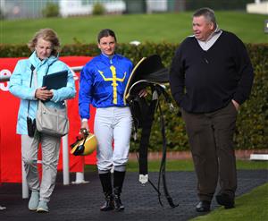 MELBOURNE, AUSTRALIA - JUNE 30: Jamie Kah and trainer Pat Carey after riding Crestani to win race 1, Clanbrooke Racing Handicap during Melbourne Racing at Sandown Lakeside on June 30, 2021 in Melbourne, Australia. (Photo by Vince Caligiuri/Getty Images)