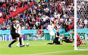 Raheem Sterling scores England's first goal in the 2-0 win over Germany. (Getty Images)