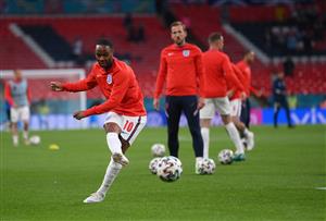 Raheem Sterling of England shoots during the warm up prior to the UEFA Euro 2020 Championship Group D match between England and Scotland at Wembley Stadium on June 18, 2021 in London, England. (Getty Images)