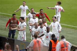 Raheem Sterling of England celebrates with team-mates after scoring his team's first goal against Germany. (Getty Images)