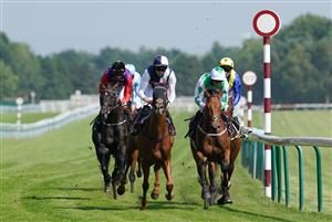NEWTON-LE-WILLOWS, ENGLAND - JULY 01: Albert Camus ridden by Robert Havlin (C) coming home to win the racingtv.com Handicap at Haydock Park Racecourse on July 1, 2021 in Newton-le-Willows, England. (Photo by Martin Rickett - Pool/Getty Images)