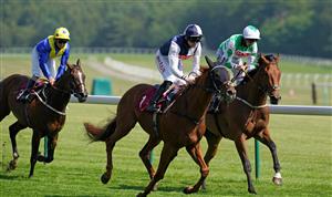 NEWTON-LE-WILLOWS, ENGLAND - JULY 01: Albert Camus ridden by Robert Havlin (C) coming home to win the racingtv.com Handicap at Haydock Park Racecourse on July 1, 2021 in Newton-le-Willows, England. (Photo by Martin Rickett - Pool/Getty Images)