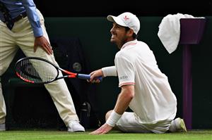 LONDON, ENGLAND - JUNE 30: Andy Murray of Great Britain reacts after slipping over in his Men's Singles Second Round match against Oscar Otte of Germany during Day Three of The Championships - Wimbledon 2021 at All England Lawn Tennis and Croquet Club on June 30, 2021 in London, England. (Getty Images)