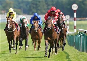NEWTON-LE-WILLOWS, ENGLAND - JULY 01: Mr Mccann and Jane Elliott (right) coming home to win the British EBF Novice Stakes at Haydock Park Racecourse on July 1, 2021 in Newton-le-Willows, England. (Photo by Martin Rickett - Pool/Getty Images)