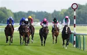 NEWTON-LE-WILLOWS, ENGLAND - JULY 01: Side Shot and Robert Havlin (right) coming home to win the Watch On Racing TV Handicap at Haydock Park Racecourse on July 1, 2021 in Newton-le-Willows, England. (Photo by Martin Rickett - Pool/Getty Images)