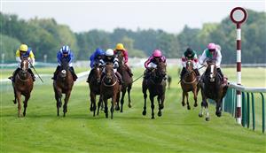 NEWTON-LE-WILLOWS, ENGLAND - JULY 01: Side Shot and Robert Havlin (right) coming home to win the Watch On Racing TV Handicap at Haydock Park Racecourse on July 1, 2021 in Newton-le-Willows, England. (Photo by Martin Rickett - Pool/Getty Images)