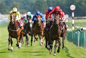 NEWTON-LE-WILLOWS, ENGLAND - JULY 01: Mr Mccann and Jane Elliott (right) coming home to win the British EBF Novice Stakes at Haydock Park Racecourse on July 1, 2021 in Newton-le-Willows, England. (Photo by Martin Rickett - Pool/Getty Images)