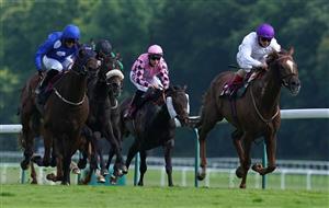 NEWTON-LE-WILLOWS, ENGLAND - JULY 01: Stone Soldier ridden by Andrea Atzeni (R) coming home to win the Follow RacingTV On Twitter Handicap at Haydock Park Racecourse at Haydock Park Racecourse on July 1, 2021 in Newton-le-Willows, England. (Photo by Martin Rickett - Pool/Getty Images)