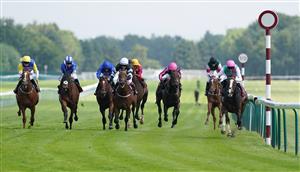 NEWTON-LE-WILLOWS, ENGLAND - JULY 01: Side Shot and Robert Havlin (right) coming home to win the Watch On Racing TV Handicap at Haydock Park Racecourse on July 1, 2021 in Newton-le-Willows, England. (Photo by Martin Rickett - Pool/Getty Images)