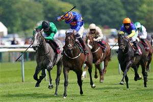 NEWTON-LE-WILLOWS, ENGLAND - JULY 01: Oneforthegutter and Dougie Costello (centre, blue/orange) coming home to win the EBF Stallions Maiden Stakes at Haydock Park Racecourse on July 1, 2021 in Newton-le-Willows, England. (Photo by Martin Rickett - Pool/Getty Images)