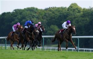 NEWTON-LE-WILLOWS, ENGLAND - JULY 01: Stone Soldier ridden by Andrea Atzeni (R) coming home to win the Follow RacingTV On Twitter Handicap at Haydock Park Racecourse at Haydock Park Racecourse on July 1, 2021 in Newton-le-Willows, England. (Photo by Martin Rickett - Pool/Getty Images)