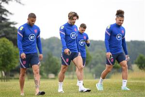 BURTON UPON TRENT, ENGLAND - JUNE 30: Kyle Walker, Jack Grealish, and Kalvin Phillips of England take part in a recovery walk at St George's Park on June 30, 2021 in Burton upon Trent, England. (Getty Images)