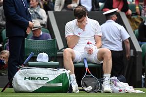 Britain's Andy Murray takes a break during play against Germany's Oscar Otte in their men's singles second round match on the third day of the 2021 Wimbledon Championships at The All England Tennis Club in Wimbledon, southwest London, on June 30, 2021. (Getty Images)