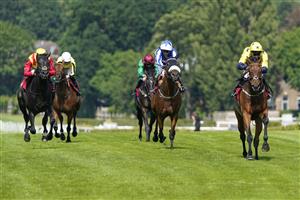 ESHER, ENGLAND - JULY 02: Paul Mulrennan riding Euchen Glen (R, yellow) win The Davies Insurance Services Gala Stakes at Sandown Racecourse on July 02, 2021 in Esher, England. Due to the Coronavirus pandemic, only owners along with a limited number of the paying public will be allowed to attend the meeting. (Photo by Alan Crowhurst/Getty Images)