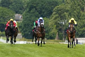 ESHER, ENGLAND - JULY 02: Paul Mulrennan riding Euchen Glen (R, yellow) win The Davies Insurance Services Gala Stakes at Sandown Racecourse on July 02, 2021 in Esher, England. Due to the Coronavirus pandemic, only owners along with a limited number of the paying public will be allowed to attend the meeting. (Photo by Alan Crowhurst/Getty Images)