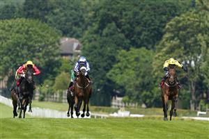 ESHER, ENGLAND - JULY 02: Paul Mulrennan riding Euchen Glen (R, yellow) win The Davies Insurance Services Gala Stakes at Sandown Racecourse on July 02, 2021 in Esher, England. Due to the Coronavirus pandemic, only owners along with a limited number of the paying public will be allowed to attend the meeting. (Photo by Alan Crowhurst/Getty Images)