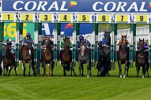 ESHER, ENGLAND - JULY 02: Hayley Turner riding Kalma (blue, stall 6) sit down as the stalls open for The Davies Group Handicap at Sandown Racecourse on July 02, 2021 in Esher, England. Due to the Coronavirus pandemic, only owners along with a limited number of the paying public will be allowed to attend the meeting. (Photo by Alan Crowhurst/Getty Images)