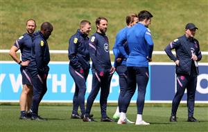 BURTON UPON TRENT, ENGLAND - JULY 05: Gareth Southgate, Manager of England looks on during the England Training Session at St George's Park on July 05, 2021 in Burton upon Trent, England. (Getty Images)