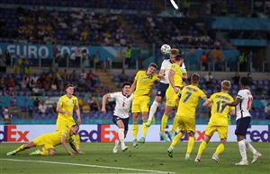 ROME, ITALY - JULY 03: Harry Kane of England jumps for a header during the UEFA Euro 2020 Championship Quarter-final match between Ukraine and England at Olimpico Stadium on July 03, 2021 in Rome, Italy. (Getty Images)