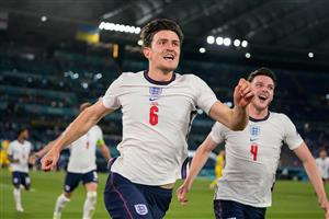 ROME, ITALY - JULY 03: Harry Maguire of England celebrates with Declan Rice after scoring their side's second goal during the UEFA Euro 2020 Championship Quarter-final match between Ukraine and England at Olimpico Stadium on July 03, 2021 in Rome, Italy. (Getty Images)