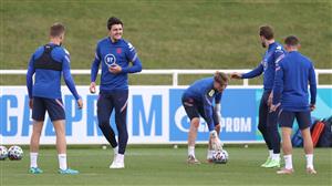 BURTON UPON TRENT, ENGLAND - JULY 05: Harry Maguire of England reacts during the England Training Session at St George's Park on July 05, 2021 in Burton upon Trent, England. (Getty Images)