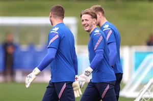 BURTON UPON TRENT, ENGLAND - JULY 05: Jordan Pickford of England takes to the field with teammates during the England Training Session at St George's Park on July 05, 2021 in Burton upon Trent, England. (Getty Images)