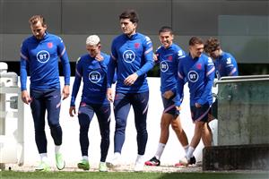 BURTON UPON TRENT, ENGLAND - JULY 05: Harry Kane, Phil Foden and Harry Maguire of England and teammates take to the field during the England Training Session at St George's Park on July 05, 2021 in Burton upon Trent, England. (Getty Images)