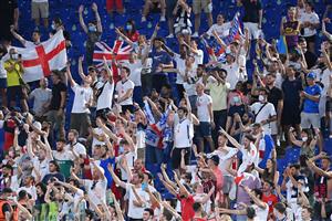 England supporters celebrate their win in the UEFA EURO 2020 quarter-final football match between Ukraine and England at the Olympic Stadium in Rome on July 3, 2021. (Getty Images)