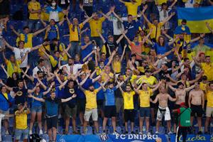 Ukraine fans are seen during the UEFA EURO 2020 quarter-final football match between Ukraine and England at the Olympic Stadium in Rome on July 3, 2021. (Getty Images)